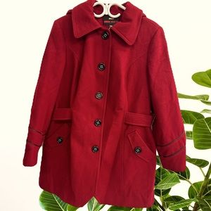 MISS SIXTY WOOL COAT IN DARK RED WITH BLACK TRIMS ON SLEEVES AND REMOVABLE HOOD